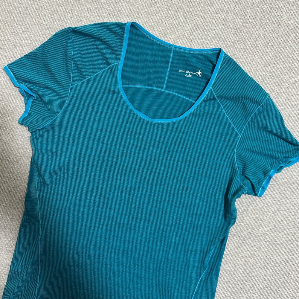 Smartwool Teal Blue Striped Merino Wool Short Sleeve Top Womens Size Large